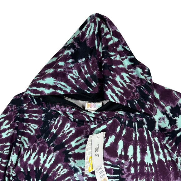Lularoe Plus Size 3XL Tie Dye Black Purple Aqua Hoodie Knit Pull Over - Picture 3 of 6